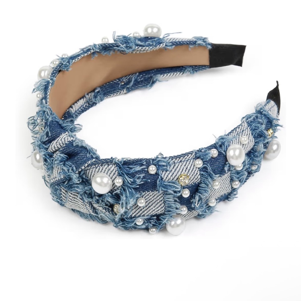 Light Denim Pearl Embellished Headband - Picture 1 of 7